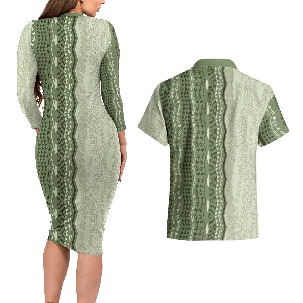 Vintage Sage Green Hawaiian Traditional Kapa Mix Flowers Lei Couples Matching Long Sleeve Bodycon Dress and Hawaiian Shirt LT7 - Polynesian Pride