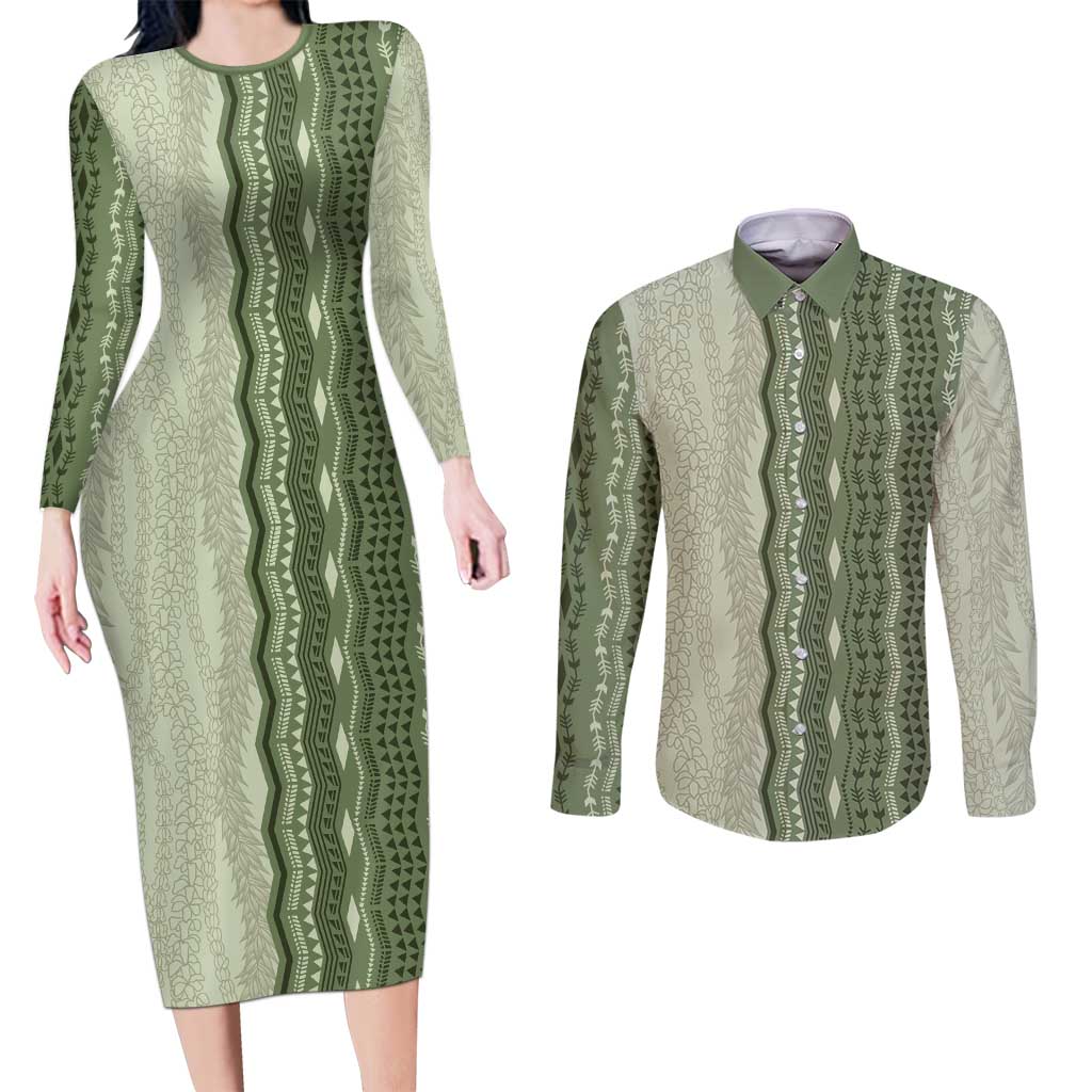 Vintage Sage Green Hawaiian Traditional Kapa Mix Flowers Lei Couples Matching Long Sleeve Bodycon Dress and Long Sleeve Button Shirt LT7 Sage Green - Polynesian Pride
