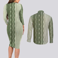 Vintage Sage Green Hawaiian Traditional Kapa Mix Flowers Lei Couples Matching Long Sleeve Bodycon Dress and Long Sleeve Button Shirt LT7 - Polynesian Pride