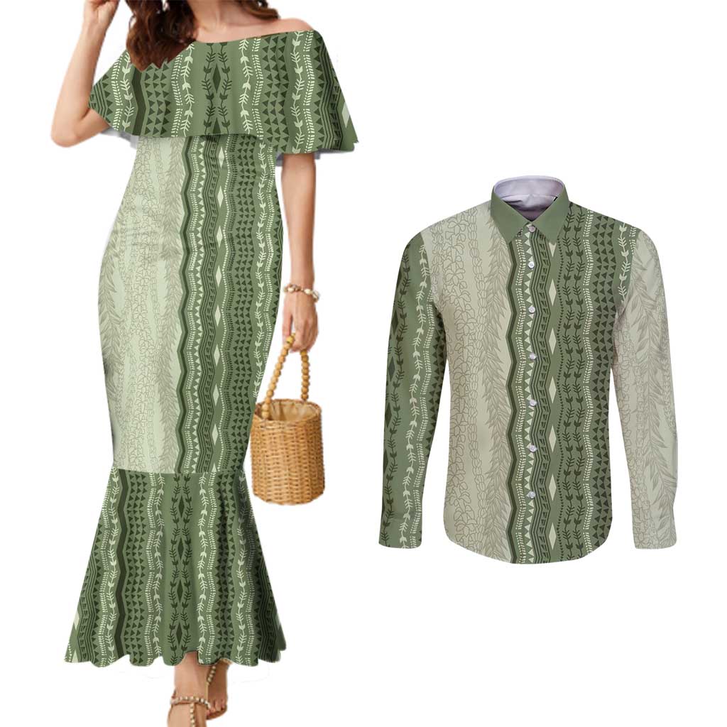 Vintage Sage Green Hawaiian Traditional Kapa Mix Flowers Lei Couples Matching Mermaid Dress and Long Sleeve Button Shirt LT7 Sage Green - Polynesian Pride