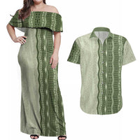 Vintage Sage Green Hawaiian Traditional Kapa Mix Flowers Lei Couples Matching Off Shoulder Maxi Dress and Hawaiian Shirt LT7 Sage Green - Polynesian Pride