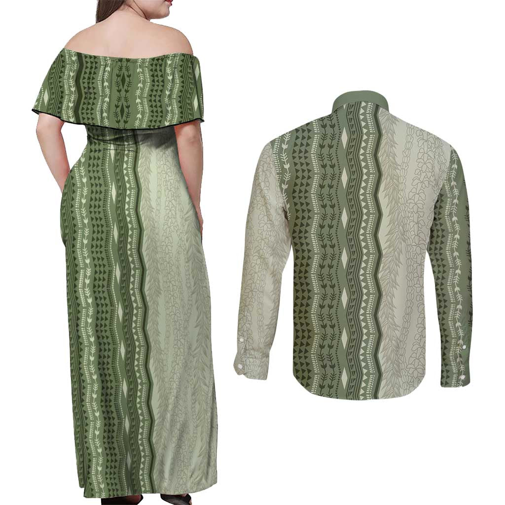 Vintage Sage Green Hawaiian Traditional Kapa Mix Flowers Lei Couples Matching Off Shoulder Maxi Dress and Long Sleeve Button Shirt LT7 - Polynesian Pride