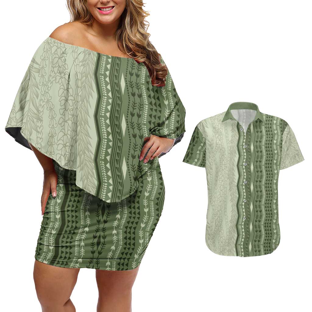 Vintage Sage Green Hawaiian Traditional Kapa Mix Flowers Lei Couples Matching Off Shoulder Short Dress and Hawaiian Shirt LT7 Sage Green - Polynesian Pride