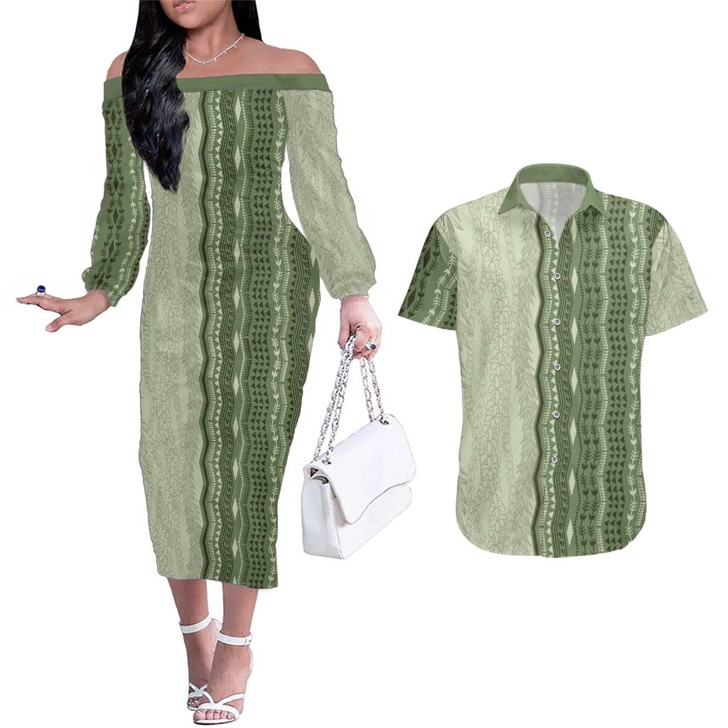Vintage Sage Green Hawaiian Traditional Kapa Mix Flowers Lei Couples Matching Off The Shoulder Long Sleeve Dress and Hawaiian Shirt