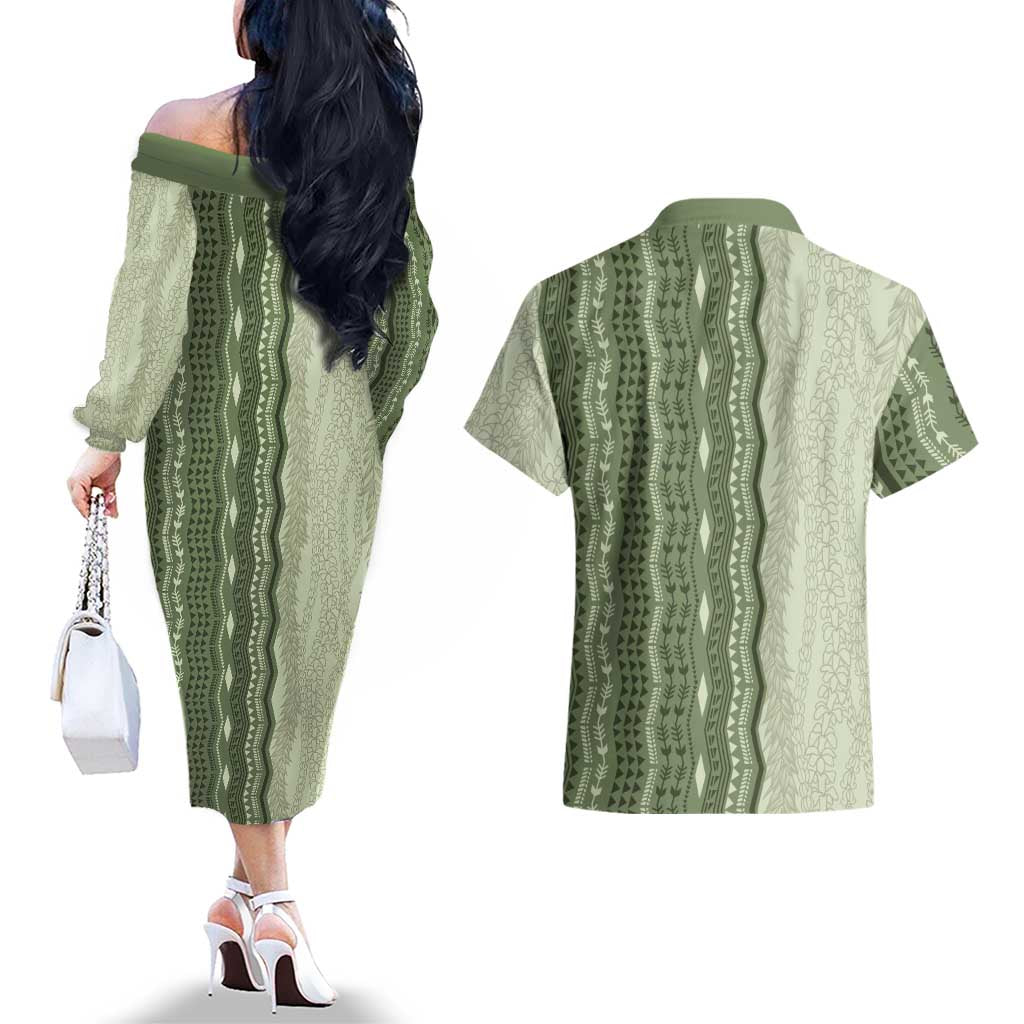 Vintage Sage Green Hawaiian Traditional Kapa Mix Flowers Lei Couples Matching Off The Shoulder Long Sleeve Dress and Hawaiian Shirt LT7 - Polynesian Pride