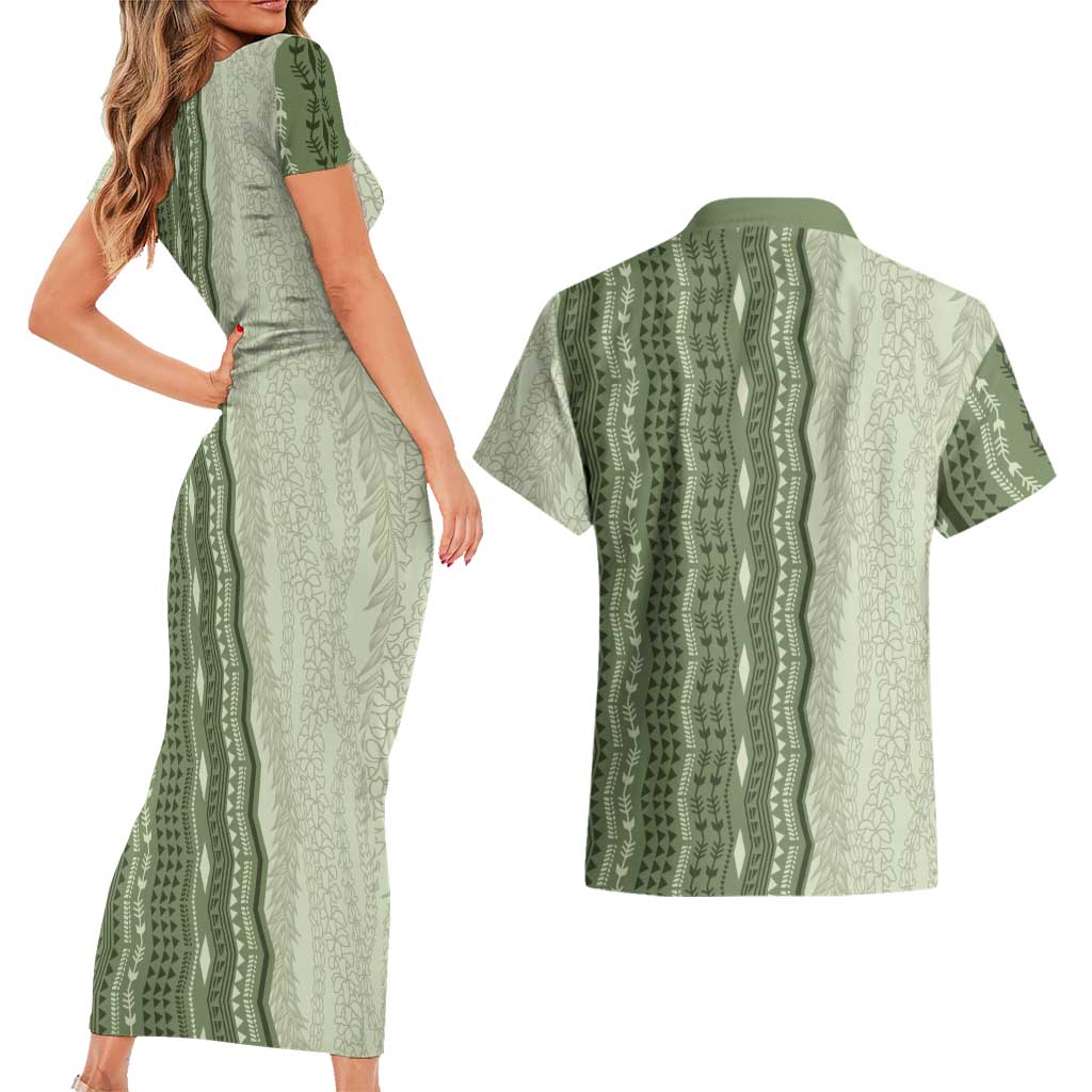 Vintage Sage Green Hawaiian Traditional Kapa Mix Flowers Lei Couples Matching Short Sleeve Bodycon Dress and Hawaiian Shirt LT7 - Polynesian Pride