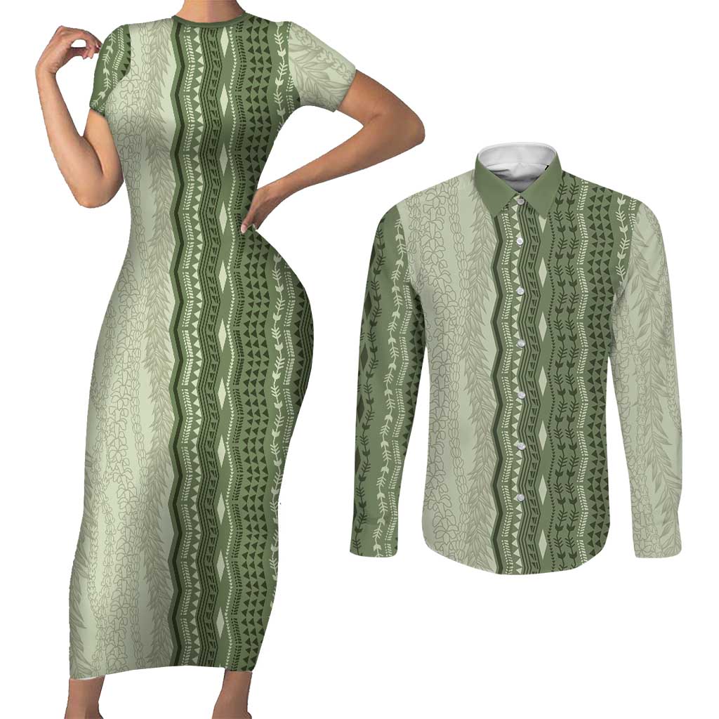 Vintage Sage Green Hawaiian Traditional Kapa Mix Flowers Lei Couples Matching Short Sleeve Bodycon Dress and Long Sleeve Button Shirt