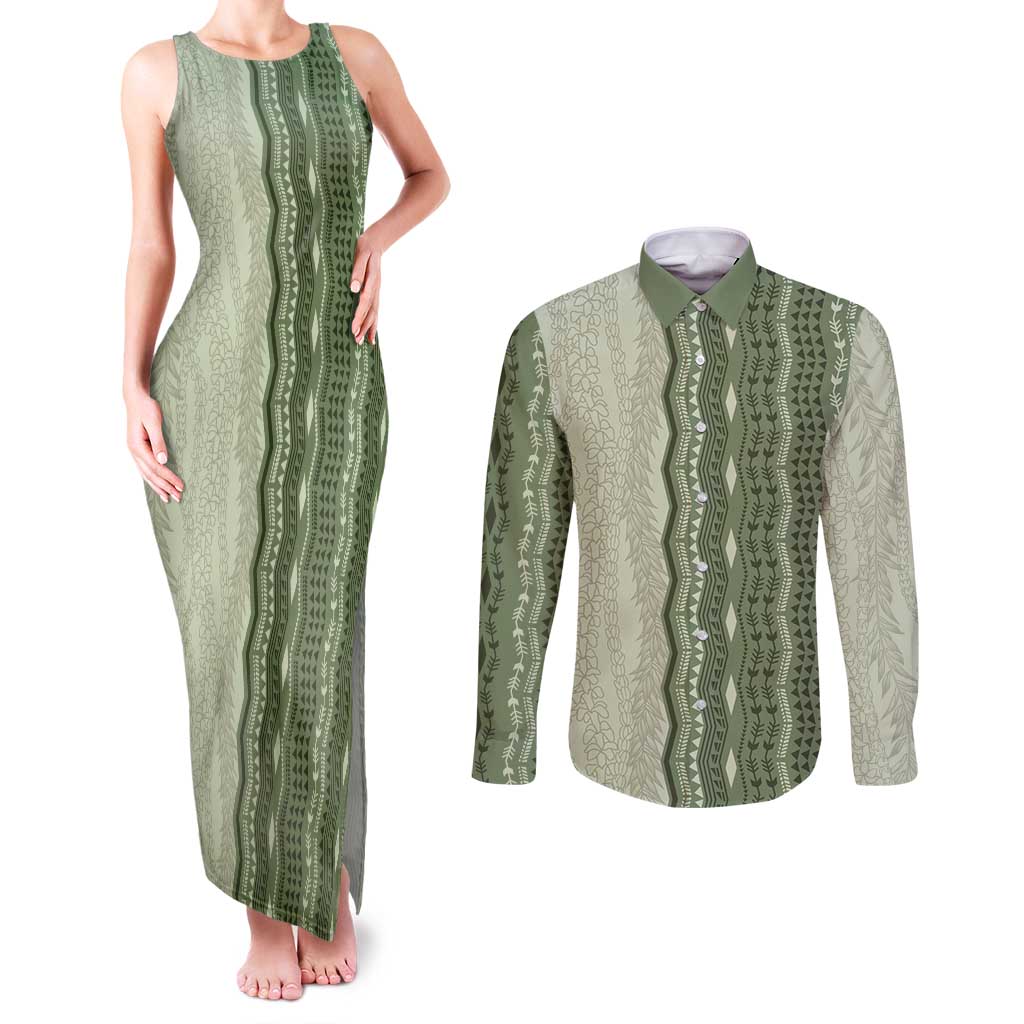Vintage Sage Green Hawaiian Traditional Kapa Mix Flowers Lei Couples Matching Tank Maxi Dress and Long Sleeve Button Shirt LT7 Sage Green - Polynesian Pride