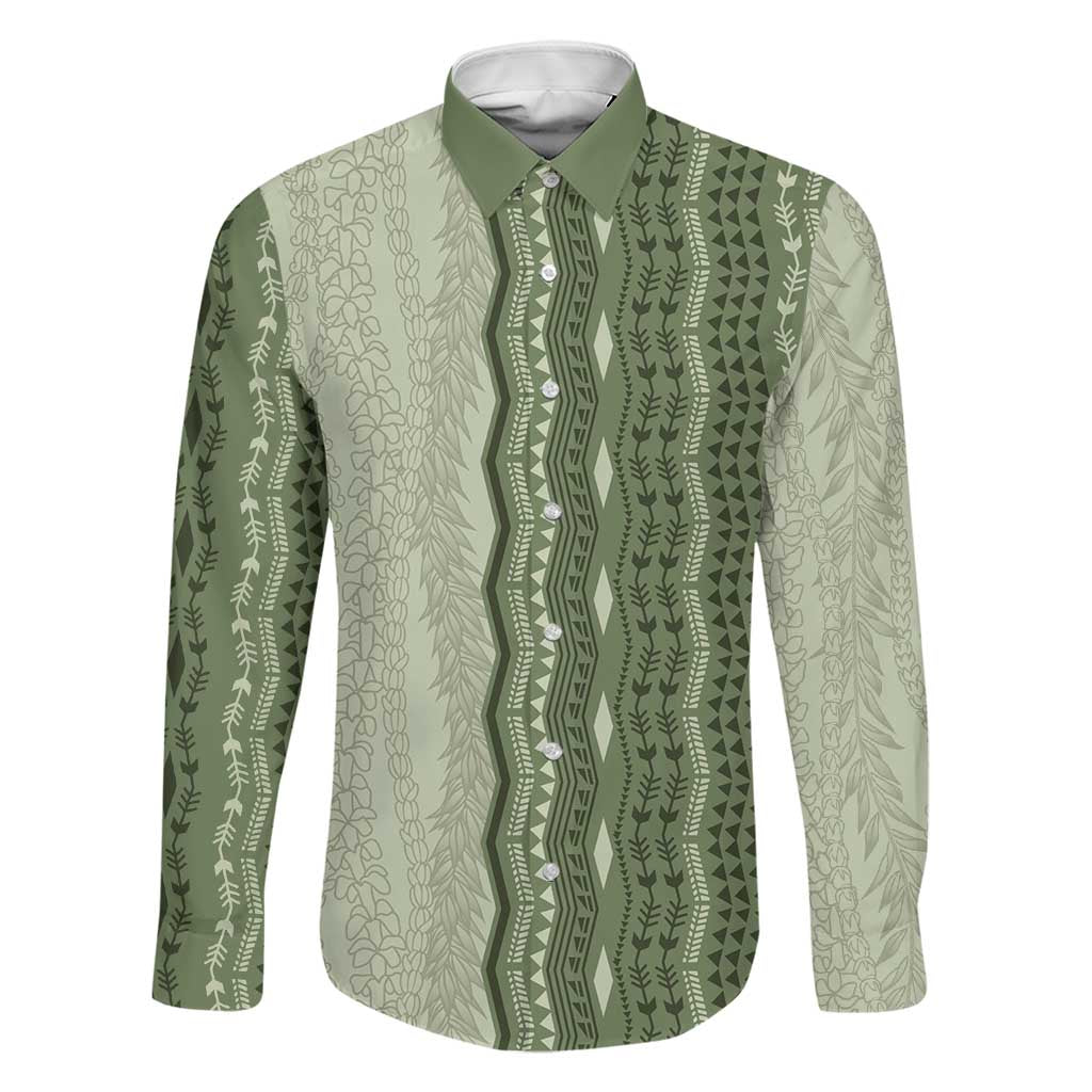 Vintage Sage Green Hawaiian Traditional Kapa Mix Flowers Lei Family Matching Mermaid Dress and Hawaiian Shirt LT7 Dad's Shirt - Long Sleeve Sage Green - Polynesian Pride
