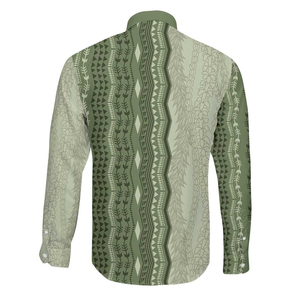 Vintage Sage Green Hawaiian Traditional Kapa Mix Flowers Lei Family Matching Off The Shoulder Long Sleeve Dress and Hawaiian Shirt LT7 - Polynesian Pride
