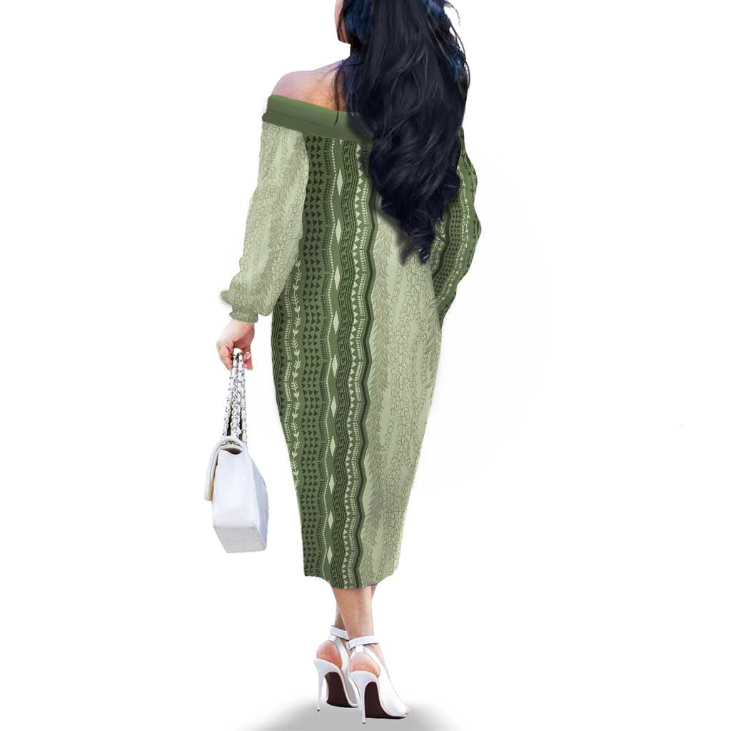 Vintage Sage Green Hawaiian Traditional Kapa Mix Flowers Lei Family Matching Off The Shoulder Long Sleeve Dress and Hawaiian Shirt LT7 - Polynesian Pride