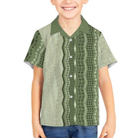 Vintage Sage Green Hawaiian Traditional Kapa Mix Flowers Lei Family Matching Off Shoulder Short Dress and Hawaiian Shirt LT7 Son's Shirt Sage Green - Polynesian Pride