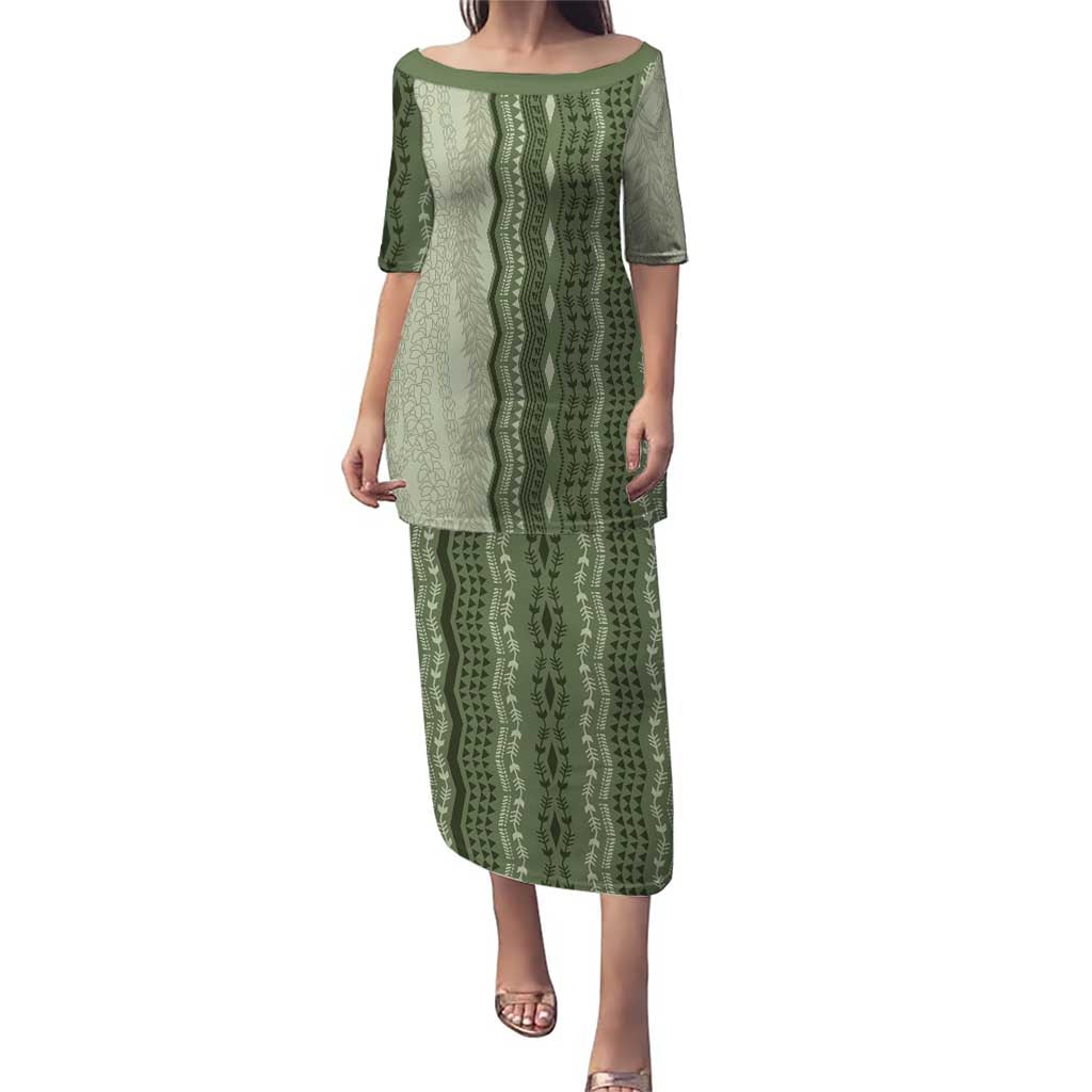 Vintage Sage Green Hawaiian Traditional Kapa Mix Flowers Lei Family Matching Puletasi and Hawaiian Shirt LT7 Mom's Dress Sage Green - Polynesian Pride