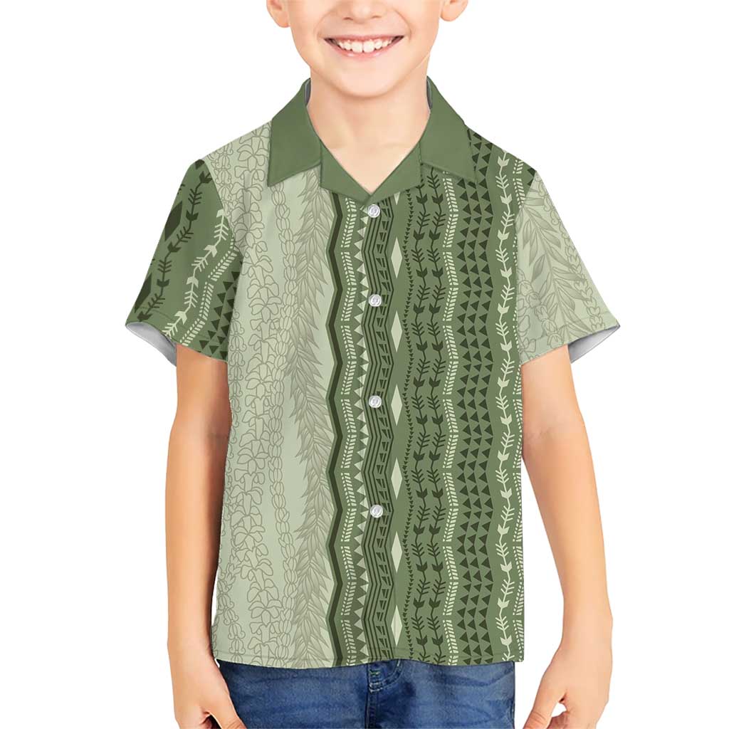 Vintage Sage Green Hawaiian Traditional Kapa Mix Flowers Lei Family Matching Tank Maxi Dress and Hawaiian Shirt LT7 Son's Shirt Sage Green - Polynesian Pride