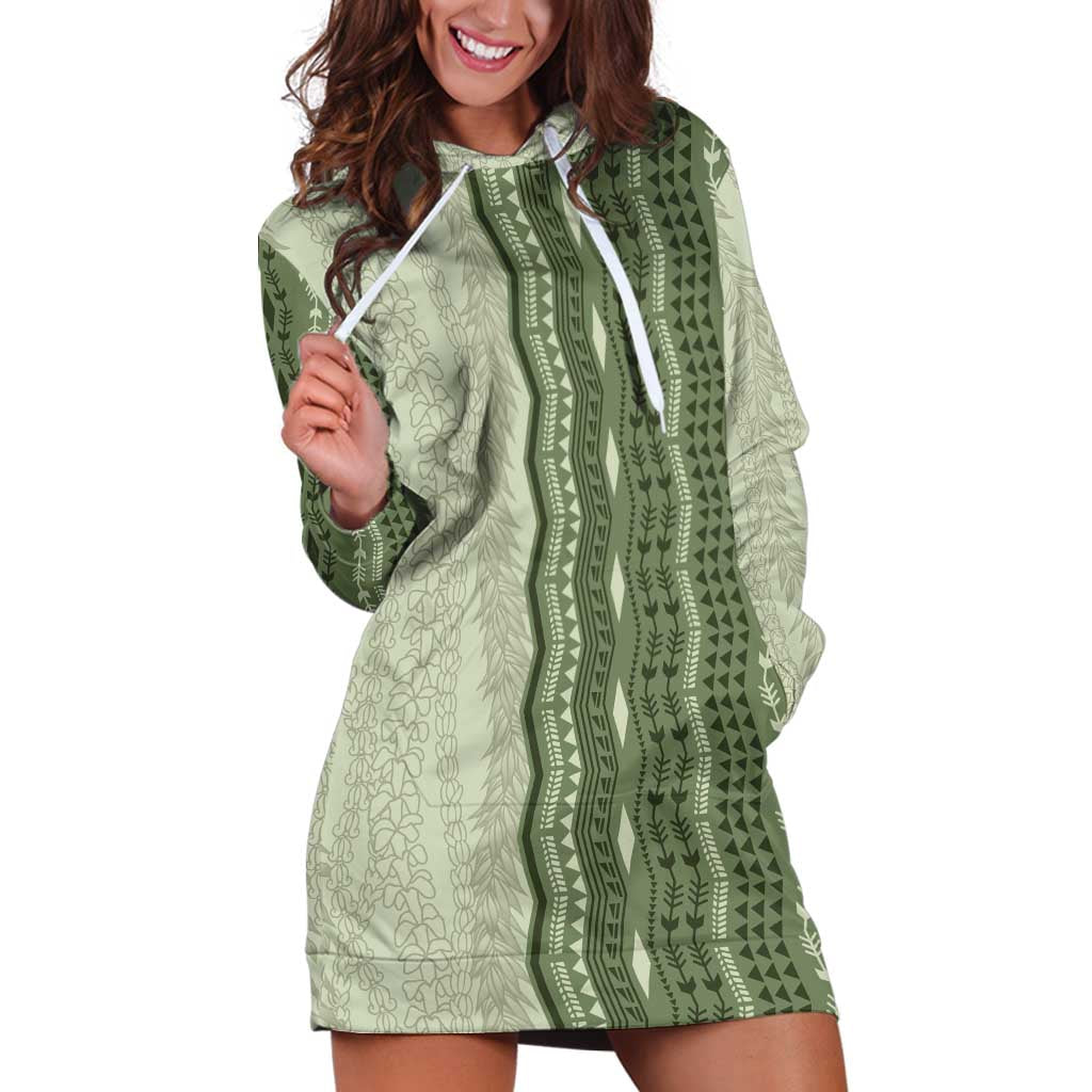 Vintage Sage Green Hawaiian Traditional Kapa Mix Flowers Lei Hoodie Dress