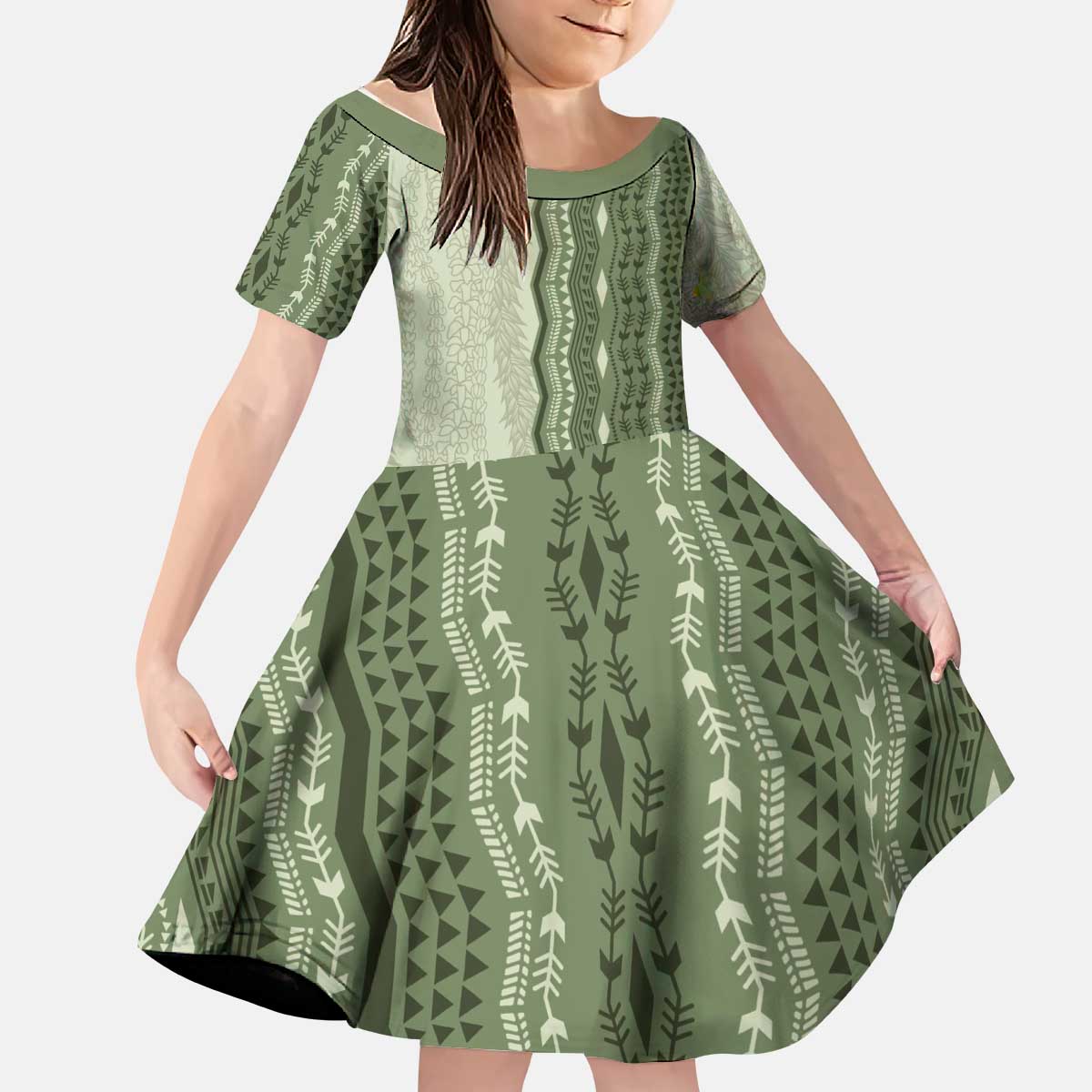 Vintage Sage Green Hawaiian Traditional Kapa Mix Flowers Lei Kid Short Sleeve Dress