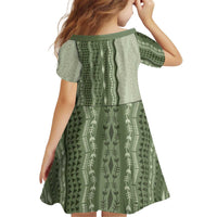 Vintage Sage Green Hawaiian Traditional Kapa Mix Flowers Lei Kid Short Sleeve Dress