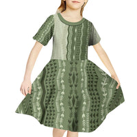 Vintage Sage Green Hawaiian Traditional Kapa Mix Flowers Lei Kid Short Sleeve Dress