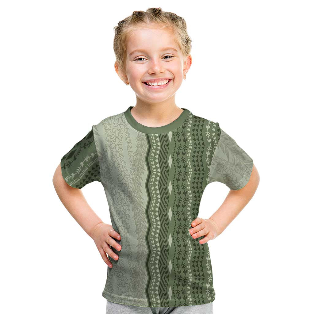 Vintage Sage Green Hawaiian Traditional Kapa Mix Flowers Lei Kid T Shirt