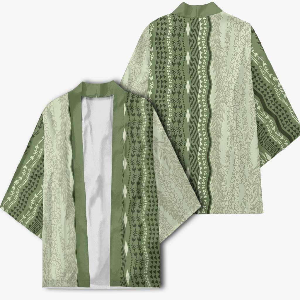 Vintage Sage Green Hawaiian Traditional Kapa Mix Flowers Lei Kimono