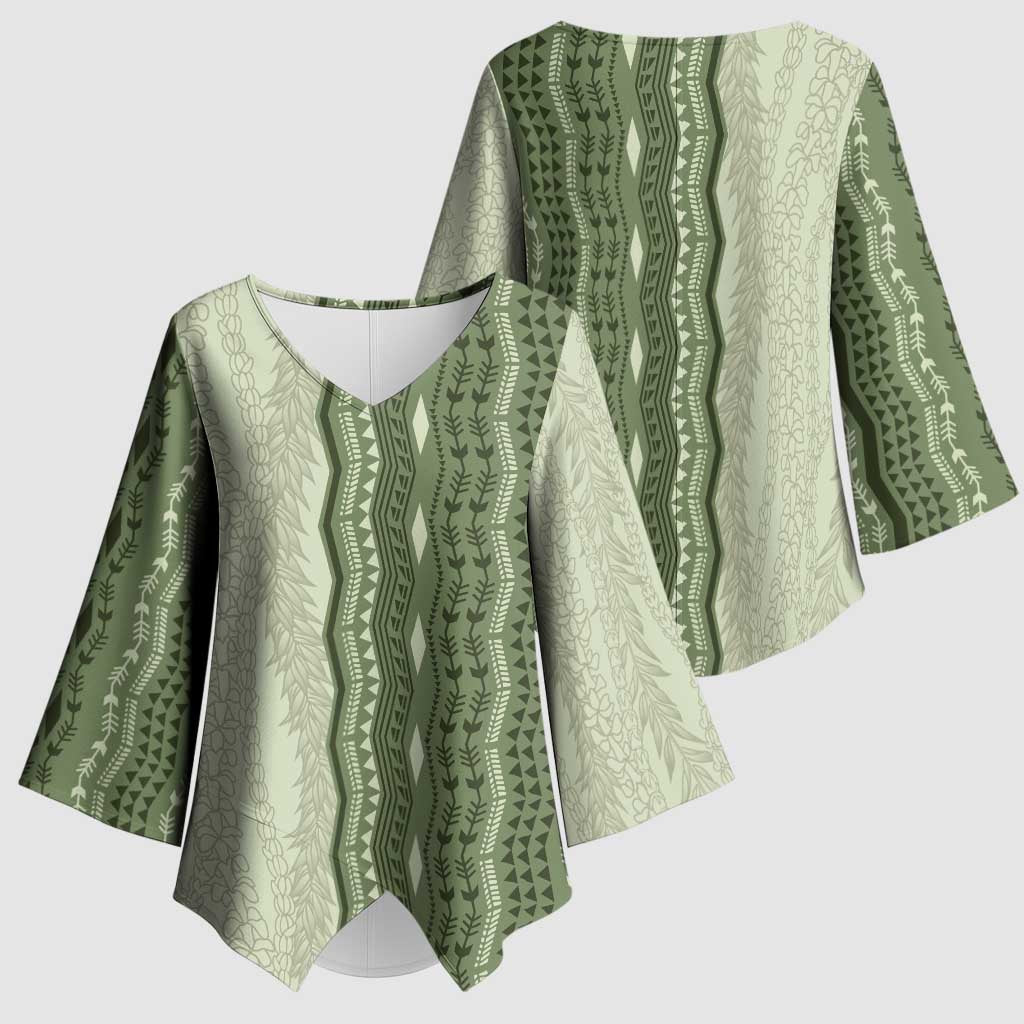 Vintage Sage Green Hawaiian Traditional Kapa Mix Flowers Lei Kimono Sleeve Blouse