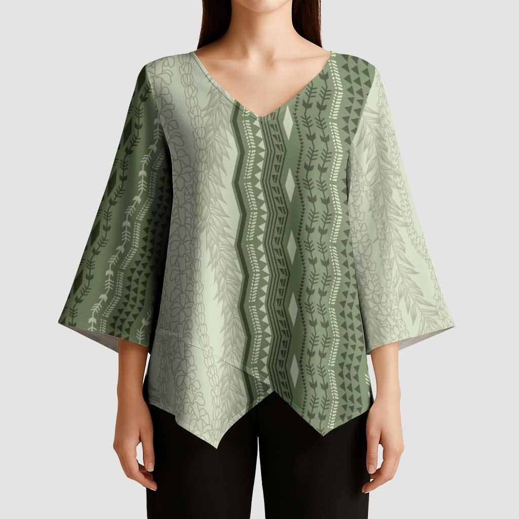 Vintage Sage Green Hawaiian Traditional Kapa Mix Flowers Lei Kimono Sleeve Blouse