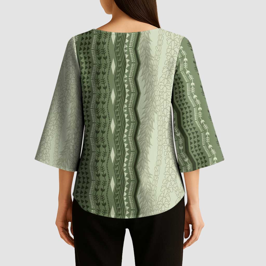 Vintage Sage Green Hawaiian Traditional Kapa Mix Flowers Lei Kimono Sleeve Blouse