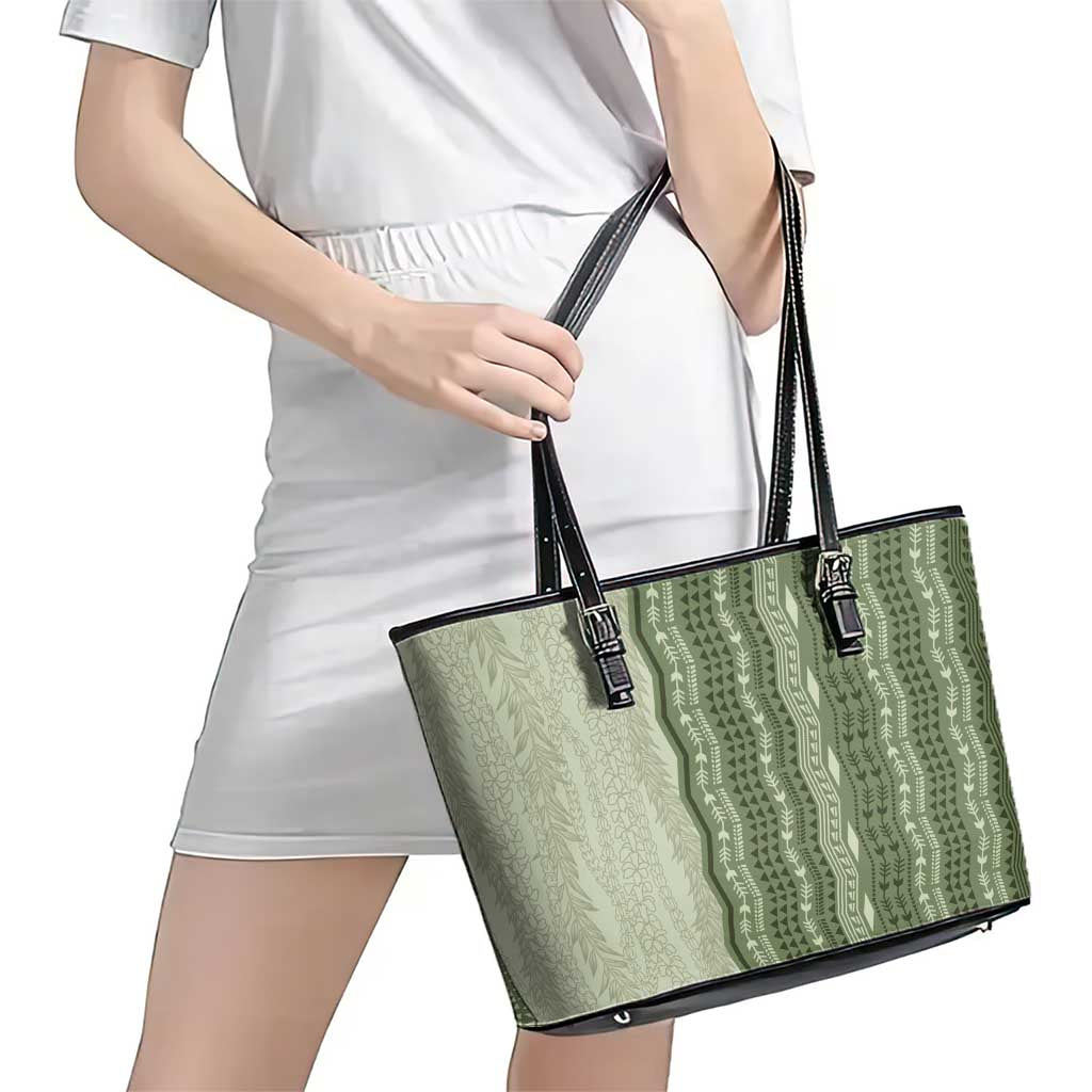 Vintage Sage Green Hawaiian Traditional Kapa Mix Flowers Lei Leather Tote Bag
