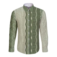 Vintage Sage Green Hawaiian Traditional Kapa Mix Flowers Lei Long Sleeve Button Shirt