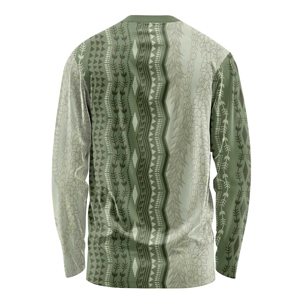 Vintage Sage Green Hawaiian Traditional Kapa Mix Flowers Lei Long Sleeve Shirt