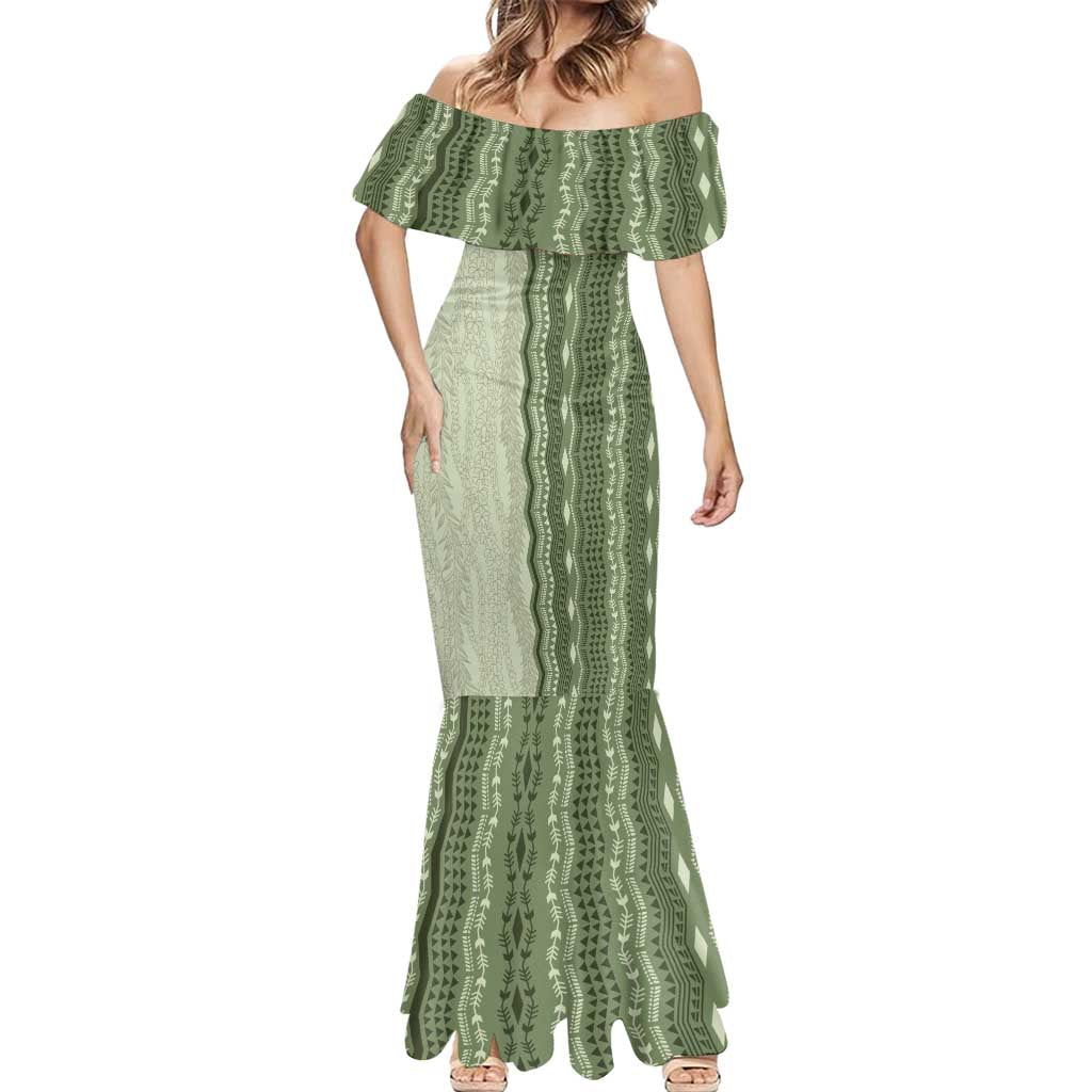 Vintage Sage Green Hawaiian Traditional Kapa Mix Flowers Lei Mermaid Dress