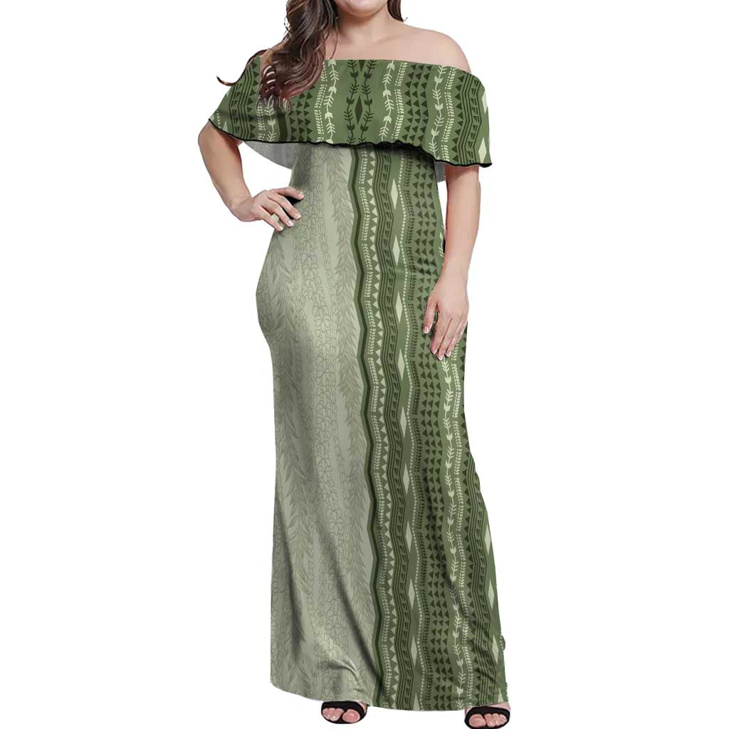 Vintage Sage Green Hawaiian Traditional Kapa Mix Flowers Lei Off Shoulder Maxi Dress