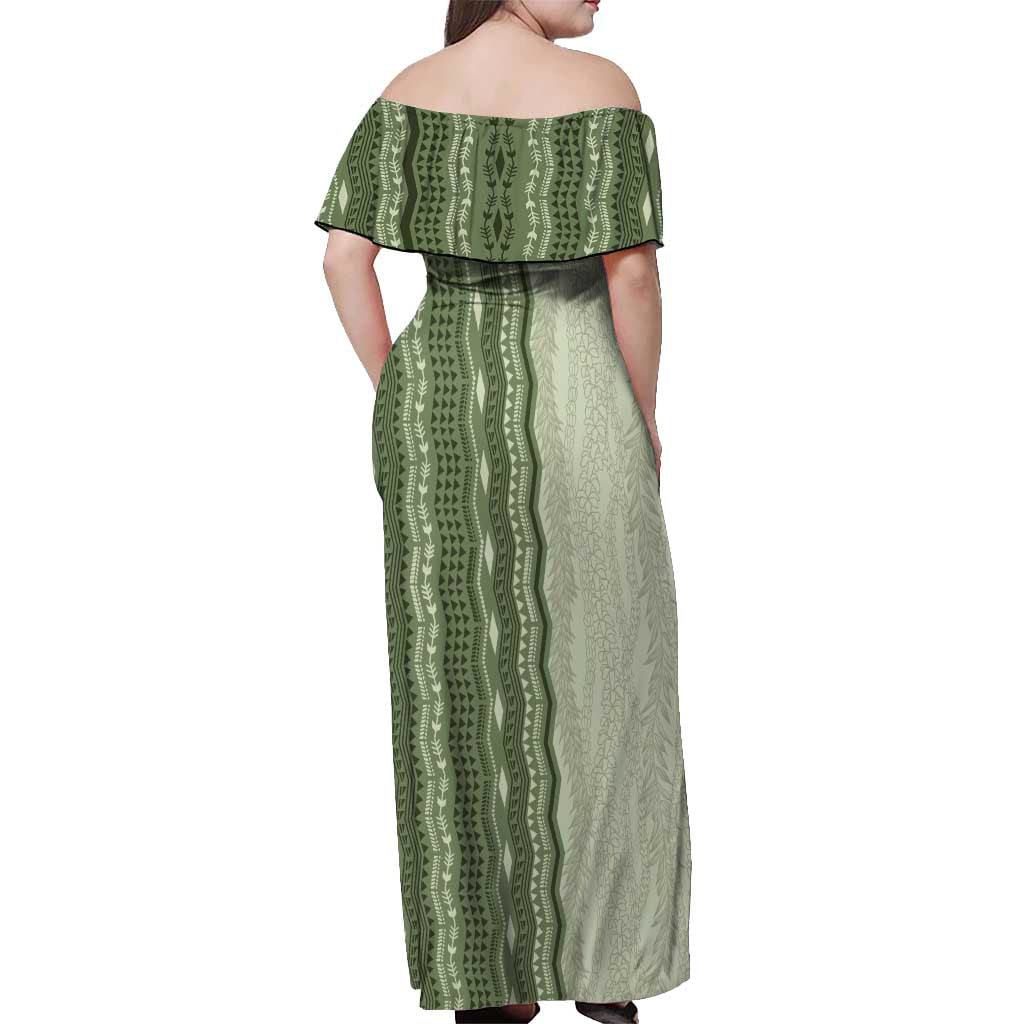 Vintage Sage Green Hawaiian Traditional Kapa Mix Flowers Lei Off Shoulder Maxi Dress