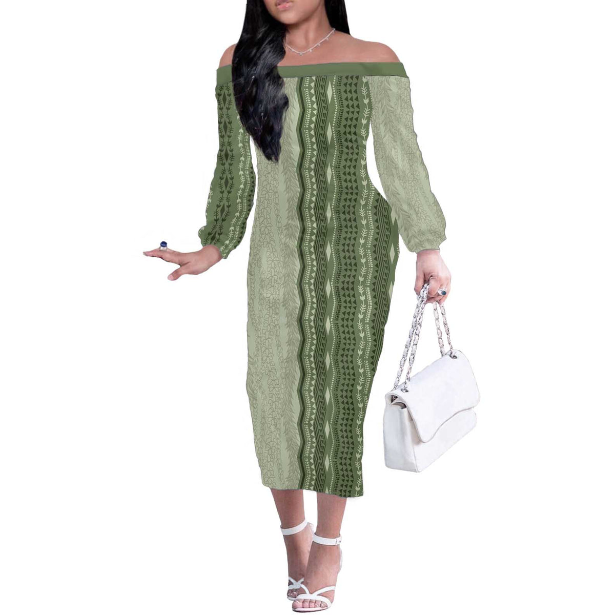 Vintage Sage Green Hawaiian Traditional Kapa Mix Flowers Lei Off The Shoulder Long Sleeve Dress