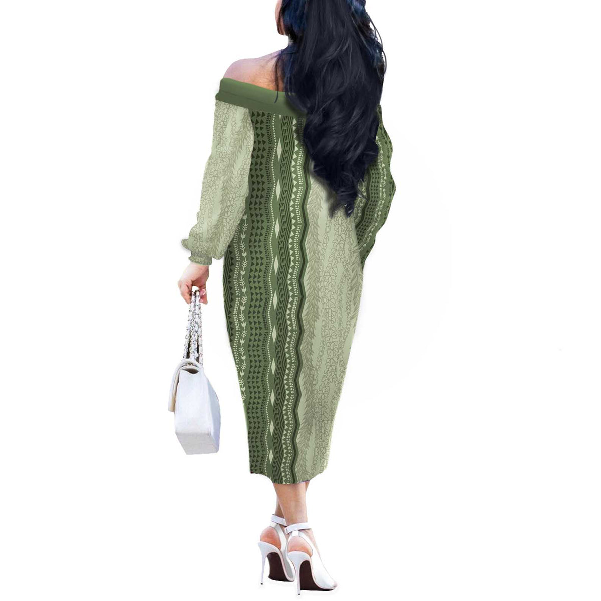 Vintage Sage Green Hawaiian Traditional Kapa Mix Flowers Lei Off The Shoulder Long Sleeve Dress