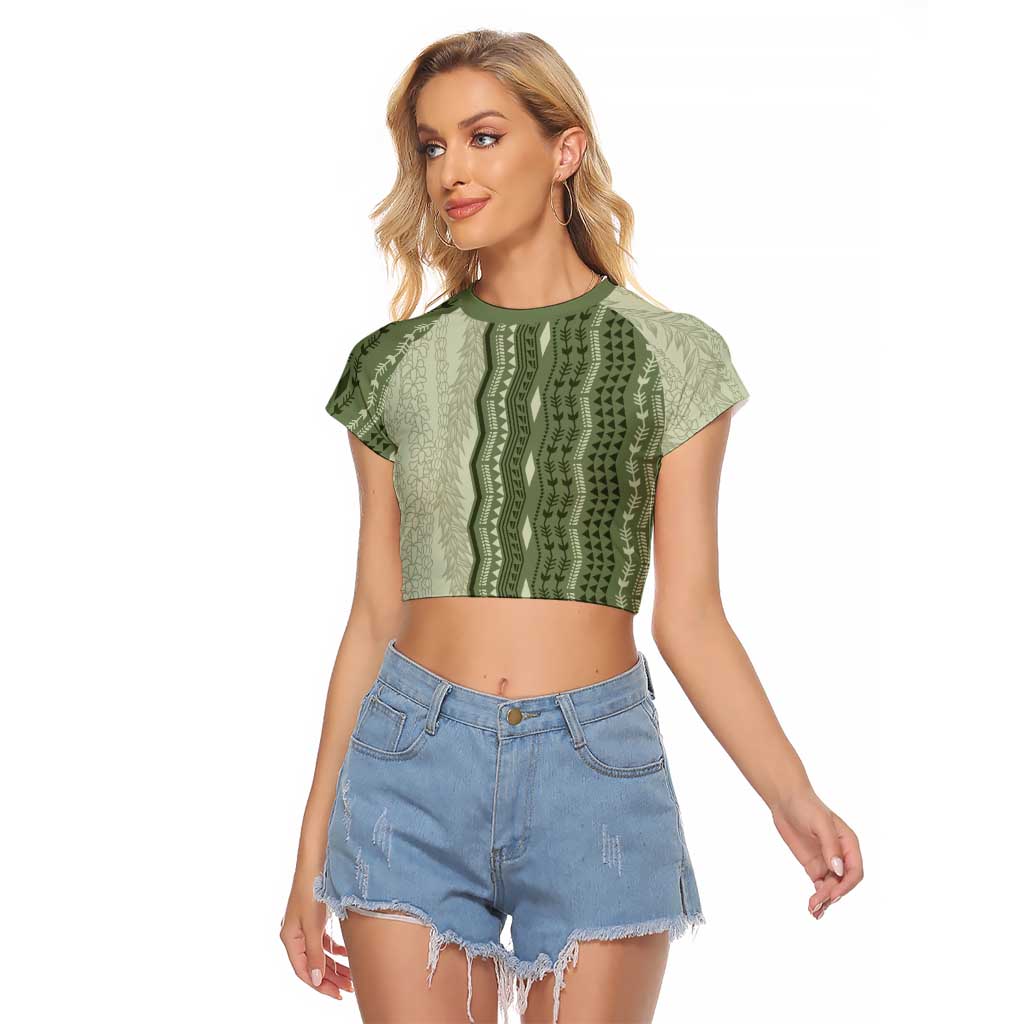 Vintage Sage Green Hawaiian Traditional Kapa Mix Flowers Lei Raglan Cropped T Shirt