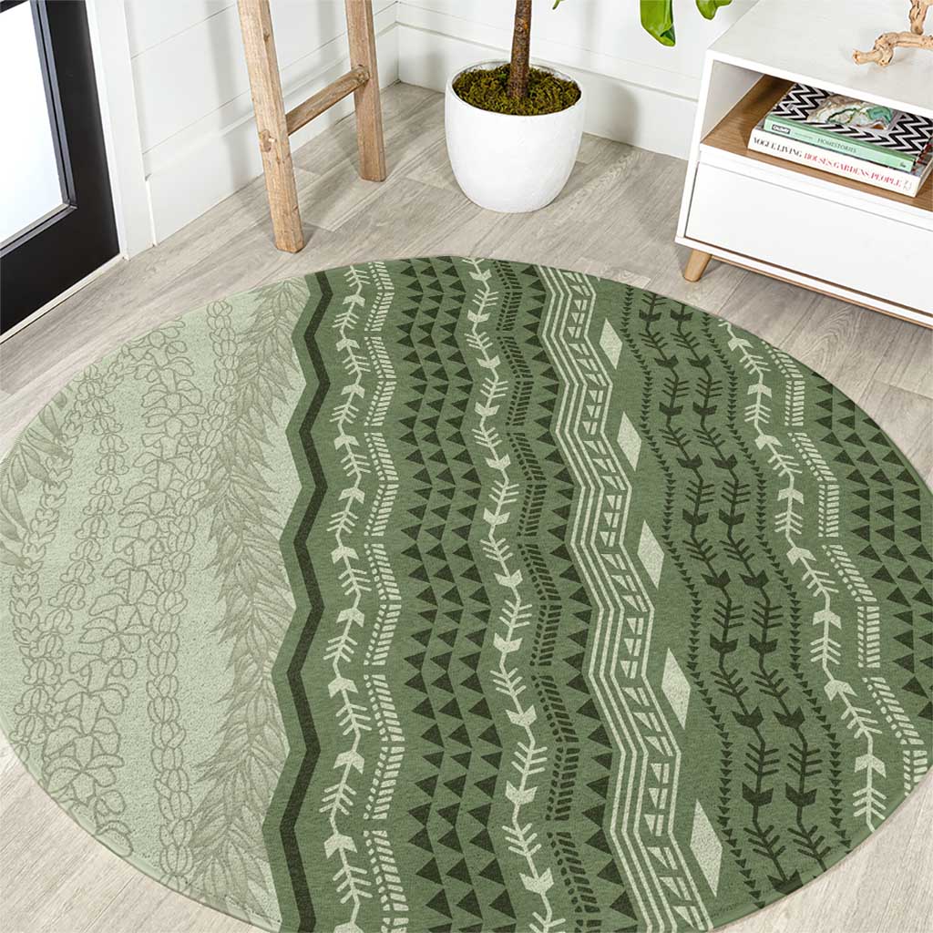 Vintage Sage Green Hawaiian Traditional Kapa Mix Flowers Lei Round Carpet