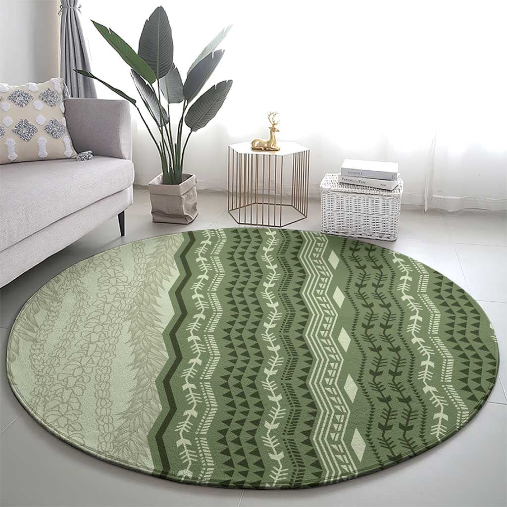 Vintage Sage Green Hawaiian Traditional Kapa Mix Flowers Lei Round Carpet