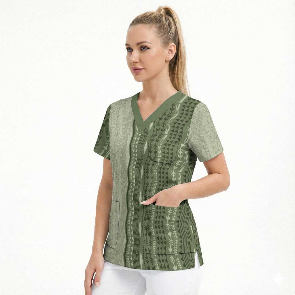Vintage Sage Green Hawaiian Traditional Kapa Mix Flowers Lei Scrub Top