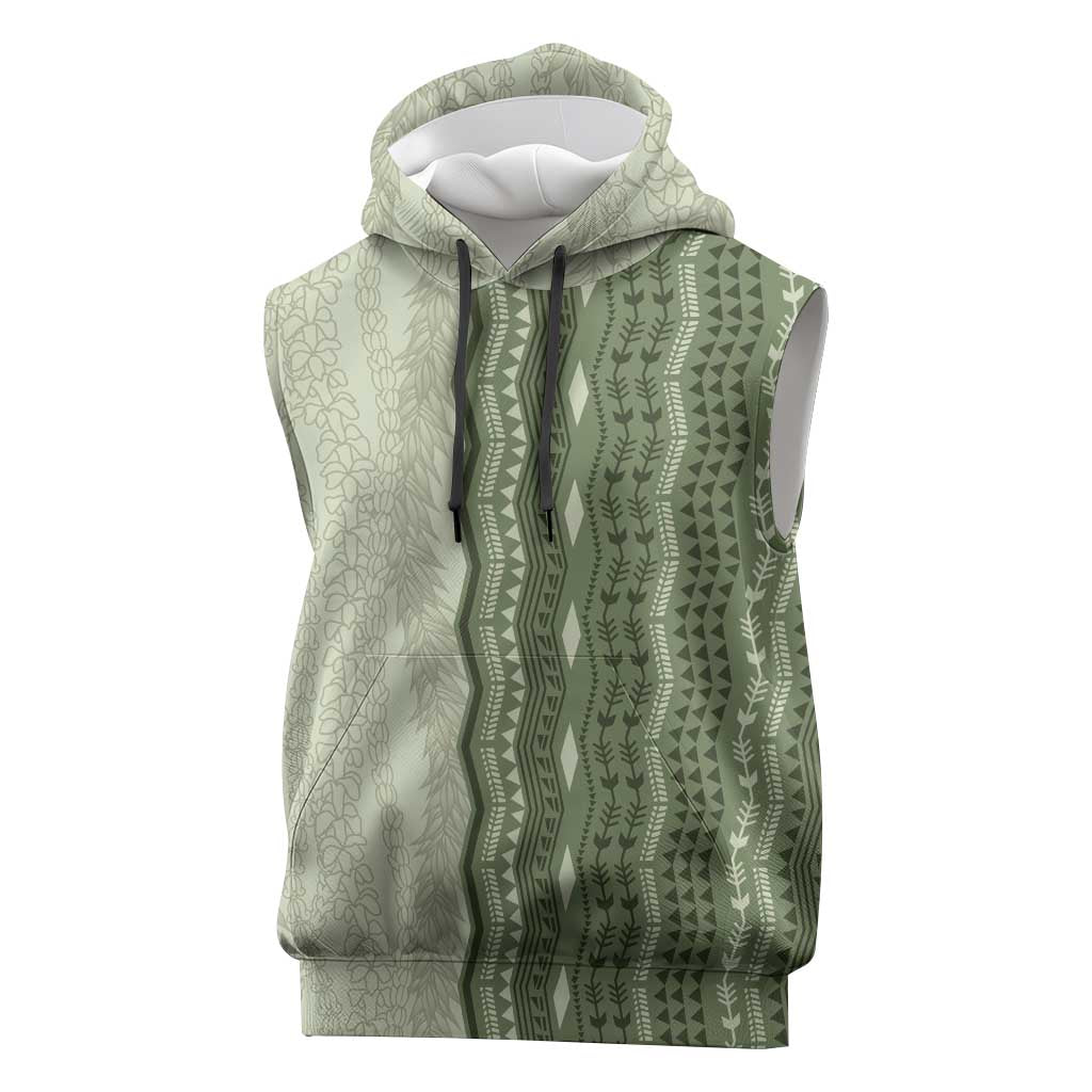 Vintage Sage Green Hawaiian Traditional Kapa Mix Flowers Lei Sleeveless Hoodie