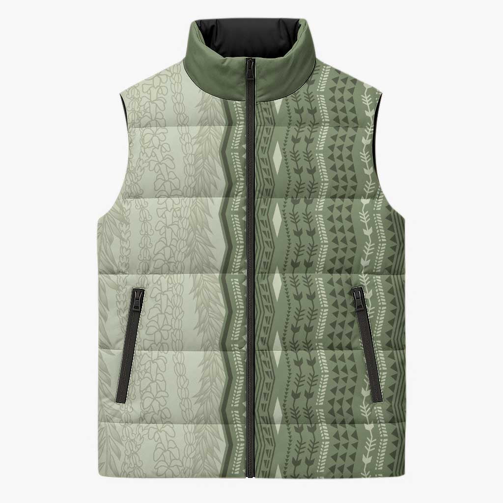 Vintage Sage Green Hawaiian Traditional Kapa Mix Flowers Lei Sleeveless Puffer Jacket