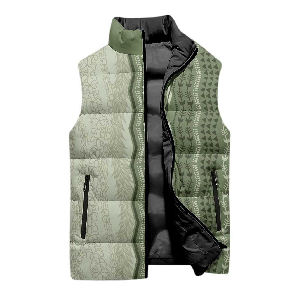 Vintage Sage Green Hawaiian Traditional Kapa Mix Flowers Lei Sleeveless Puffer Jacket