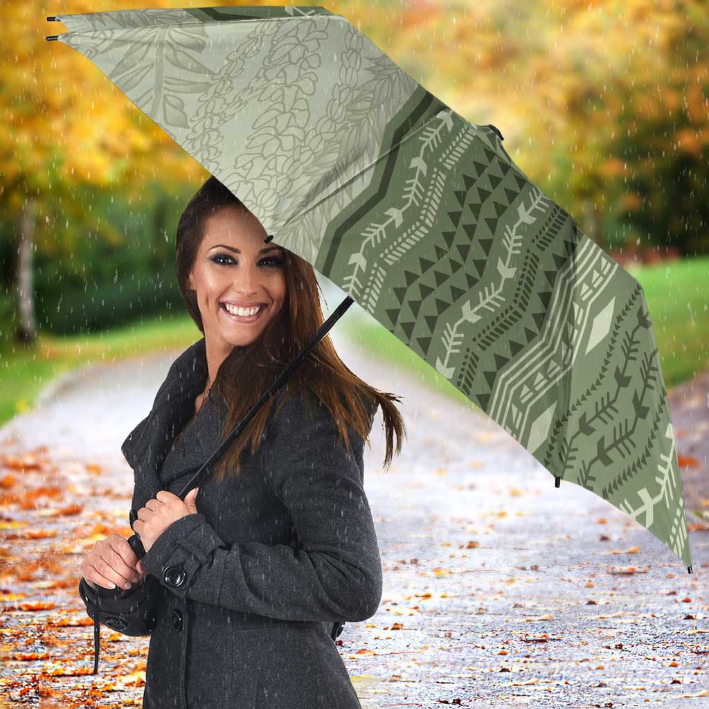 Vintage Sage Green Hawaiian Traditional Kapa Mix Flowers Lei Umbrella