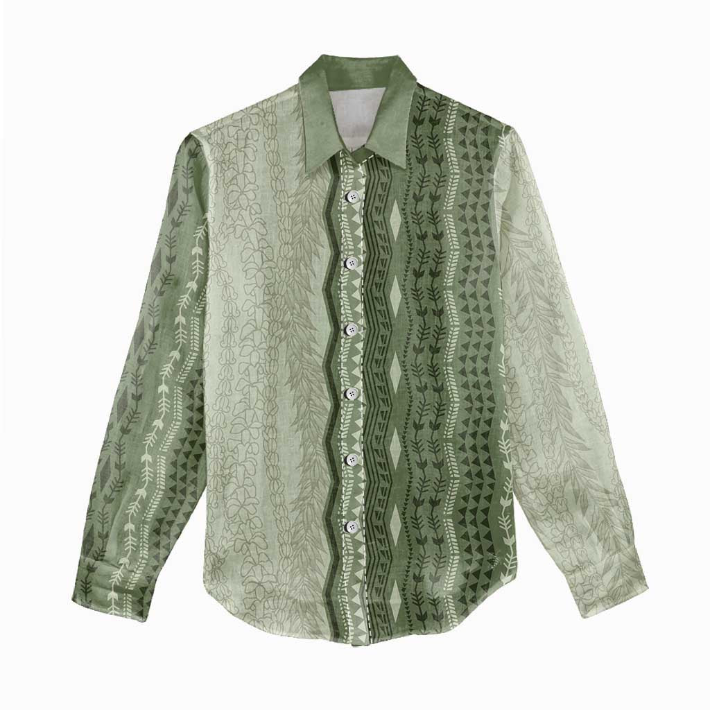 Vintage Sage Green Hawaiian Traditional Kapa Mix Flowers Lei Women Casual Shirt LT7 - Polynesian Pride