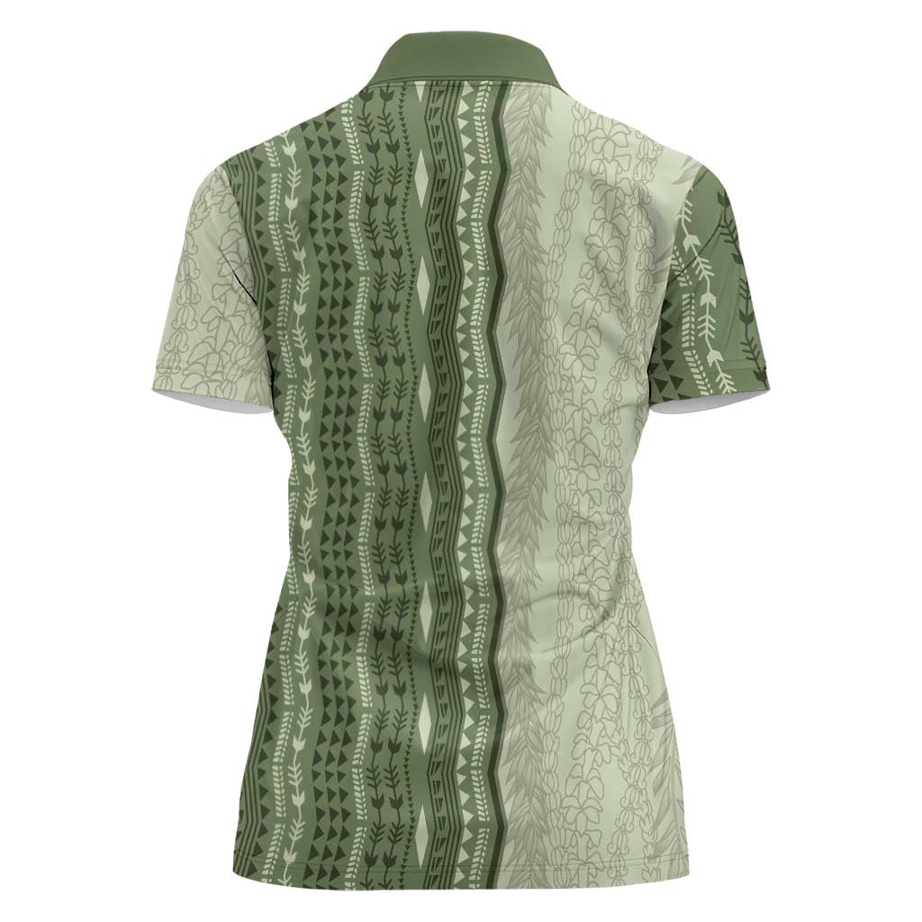 Vintage Sage Green Hawaiian Traditional Kapa Mix Flowers Lei Women Polo Shirt LT7 - Polynesian Pride