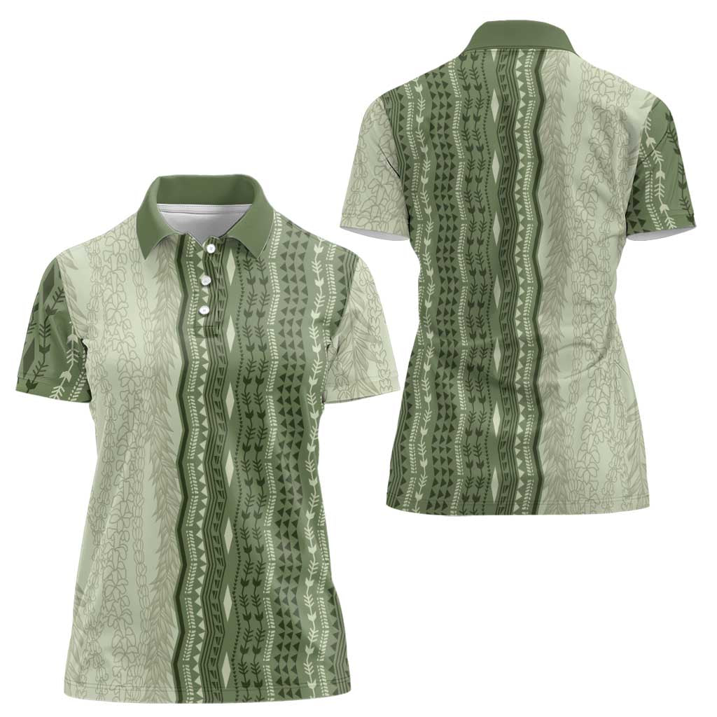 Vintage Sage Green Hawaiian Traditional Kapa Mix Flowers Lei Women Polo Shirt LT7 - Polynesian Pride