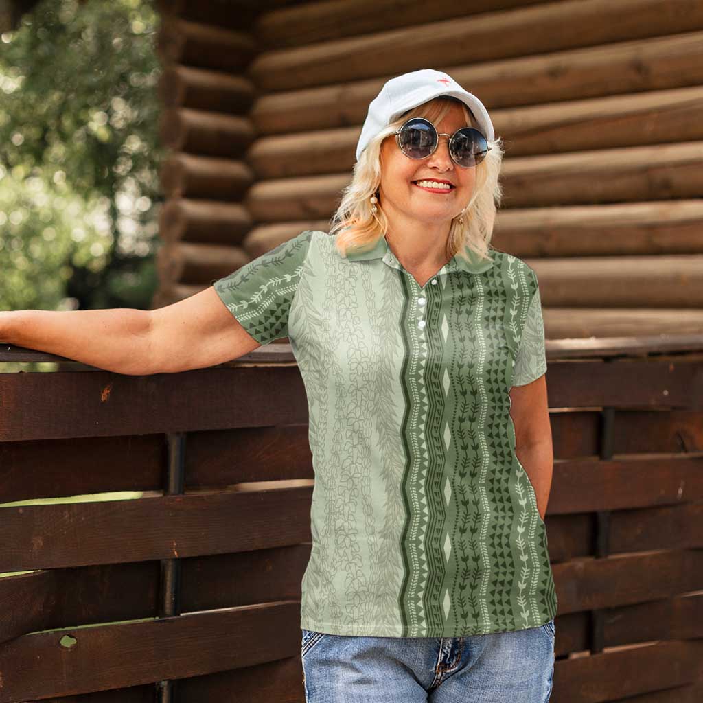 Vintage Sage Green Hawaiian Traditional Kapa Mix Flowers Lei Women Polo Shirt LT7 - Polynesian Pride