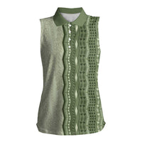 Vintage Sage Green Hawaiian Traditional Kapa Mix Flowers Lei Women Sleeveless Polo Shirt LT7 Female Sage Green - Polynesian Pride