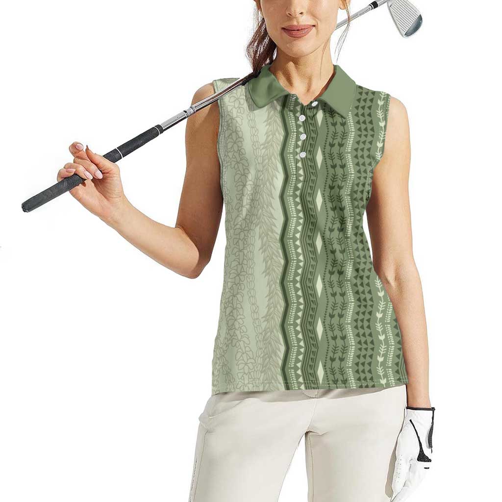 Vintage Sage Green Hawaiian Traditional Kapa Mix Flowers Lei Women Sleeveless Polo Shirt LT7 - Polynesian Pride