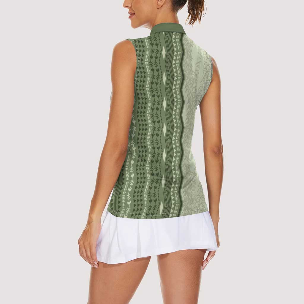 Vintage Sage Green Hawaiian Traditional Kapa Mix Flowers Lei Women Sleeveless Polo Shirt LT7 - Polynesian Pride